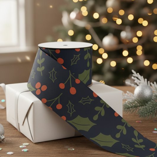 クリスマスモダンホリデーリーフホリーグリーナリー サテンリボン