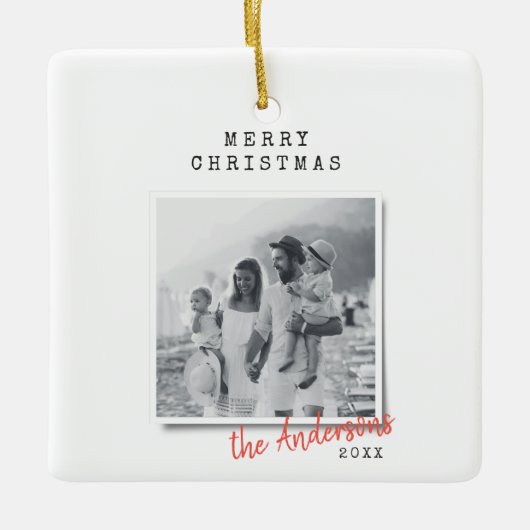 クリスマスモダンミニマルヴィンテージ家族の写真 セラミックオーナメント (正面)