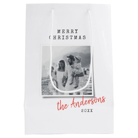クリスマスモダンミニマルヴィンテージ家族の写真 ミディアムペーパーバッグ (裏面)