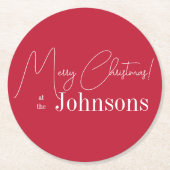 クリスマスモダンメリークリスマスファミリー名レッド ラウンドペーパーコースター (正面)