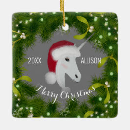 クリスマスモダンユニコーンかわいいグリーンリースガールズ セラミックオーナメント