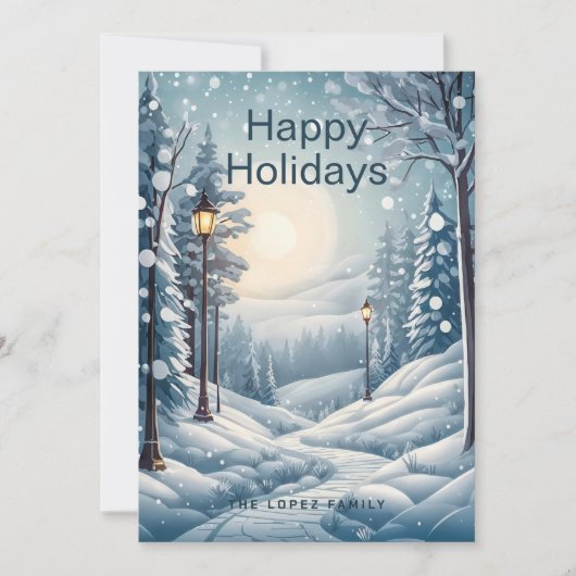 クリスマスモダン冬季降雪林の松の木 シーズンカード (正面)