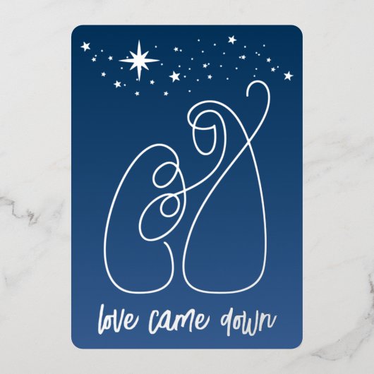 クリスマスモダン出生ミニマルラインアートブルー 箔シーズンカード (正面)