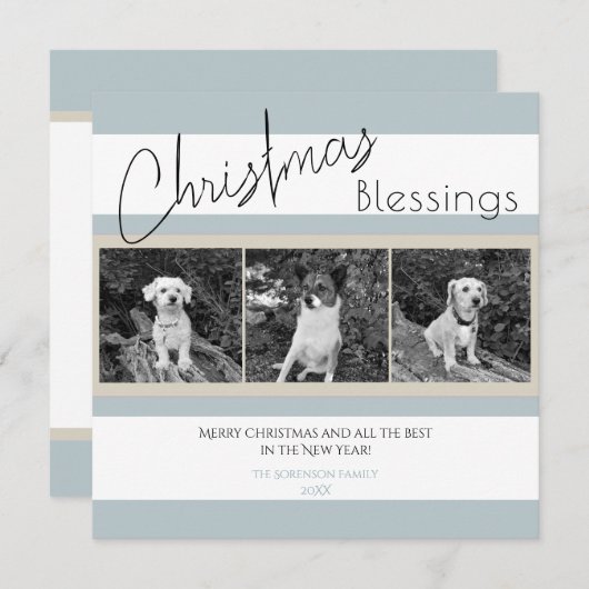 クリスマスモダン恵みライトティール(緑がかった色)ブルー写真 シーズンカード (正面/裏面)