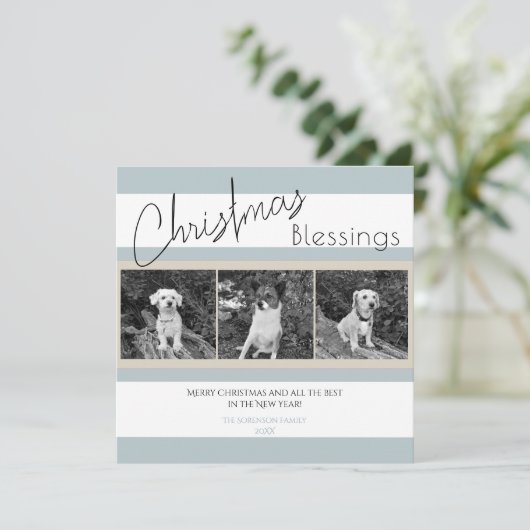 クリスマスモダン恵みライトティール(緑がかった色)ブルー写真 シーズンカード (スタンド正面)