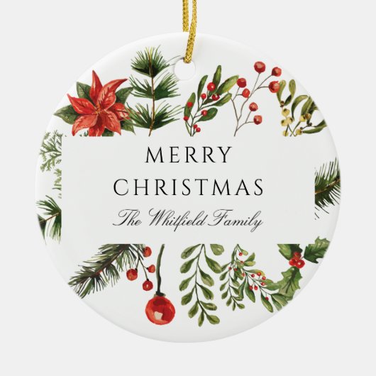 クリスマスモダン植物性青緑の家族 セラミックオーナメント (正面)