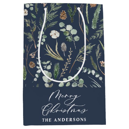 クリスマスモダン海軍ミニマルエレガント植物学 ミディアムペーパーバッグ (正面)