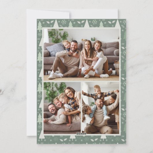 クリスマスモダン4家族の写真コラージュセージグリーン シーズンカード (裏面)