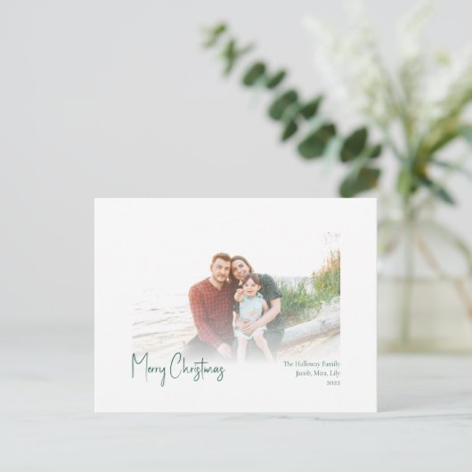 クリスマスモダン |緑のスクリプトの色あせた写真 シーズンポストカード (スタンド正面)