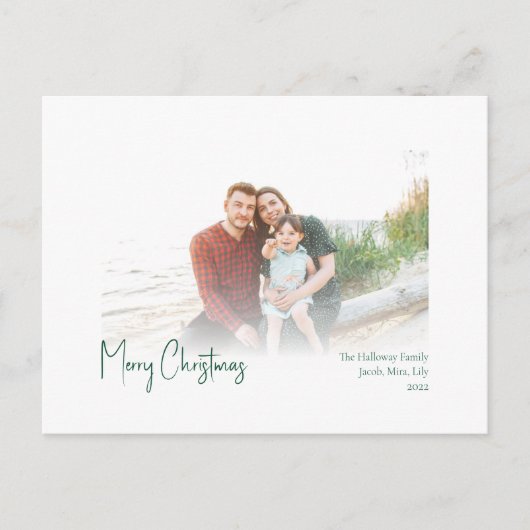 クリスマスモダン |緑のスクリプトの色あせた写真 シーズンポストカード (正面)