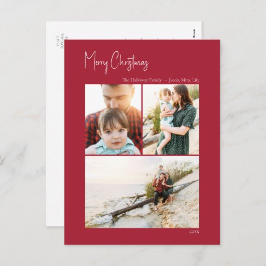 クリスマスモダン |赤い縦型3枚の写真 シーズンポストカード (正面/裏面)