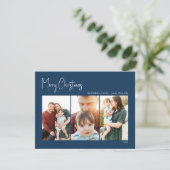 クリスマスモダン |青い3枚の写真のホリデーカード シーズンカード (スタンド正面)