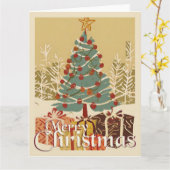 クリスマスモチーフ，クリスマスツリーの下にプレゼント付き カード (黄色い花)