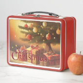 クリスマスモチーフ，クリスマスツリーの下にプレゼント付き メタルランチボックス (インサイチュ)
