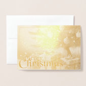 クリスマスモチーフ,クリスマスツリーの下にプレゼント付き 箔カード (封筒付き正面)