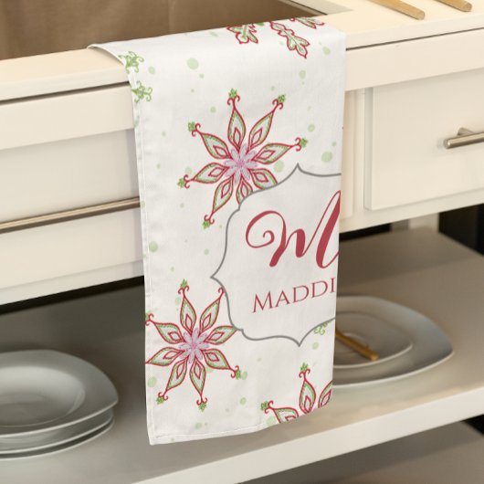 クリスマスモノグラムのかわいいカラフルスノーフレーク キッチンタオル