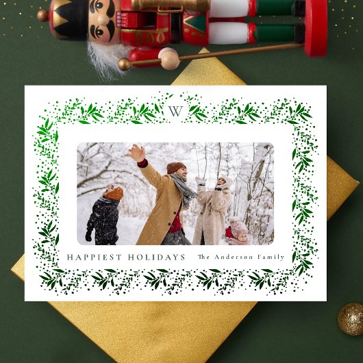 クリスマスモノグラムグリーンフォイルボタニカルフレーム シーズンカード