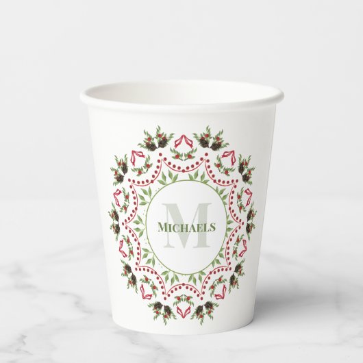クリスマスモノグラムファミリーグリーンリーリーフリース 紙コップ (裏面)
