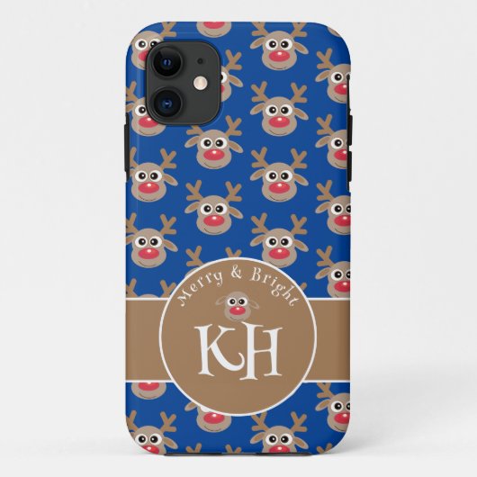クリスマスモノグラムブルーかわいいトナカイ模様 Case-Mate iPhoneケース (裏面)