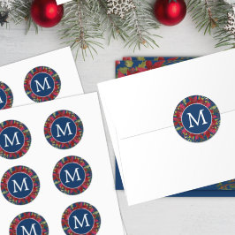 クリスマスモノグラムボタニカルポインセチアエレガント ラウンドシール