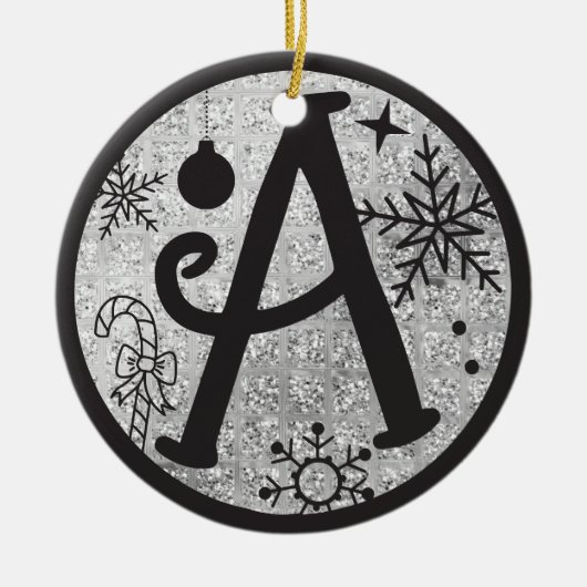 クリスマスモノグラムレターブラックシルバーグリッター セラミックオーナメント (正面)