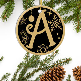 クリスマスモノグラムレターA金ゴールドブラック セラミックオーナメント