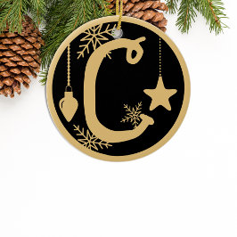 クリスマスモノグラムレターC金ゴールドブラック セラミックオーナメント