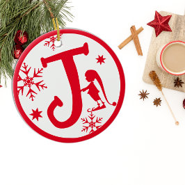 クリスマスモノグラムレターJ赤白 セラミックオーナメント