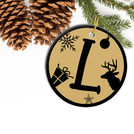 クリスマスモノグラムレターLブラック金ゴールド セラミックオーナメント