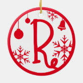 クリスマスモノグラムレターRレッドホワイト セラミックオーナメント (裏面)