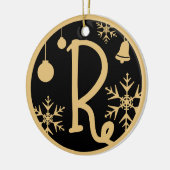 クリスマスモノグラムレターR金ゴールドブラック セラミックオーナメント (左)