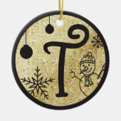 クリスマスモノグラムレターTブラック金ゴールドグリッター セラミックオーナメント (正面)
