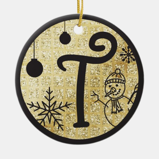 クリスマスモノグラムレターTブラック金ゴールドグリッター セラミックオーナメント (正面)