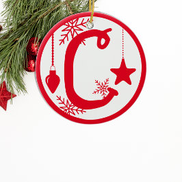クリスマスモノグラム文字C赤白 セラミックオーナメント