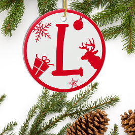 クリスマスモノグラム文字L赤白 セラミックオーナメント