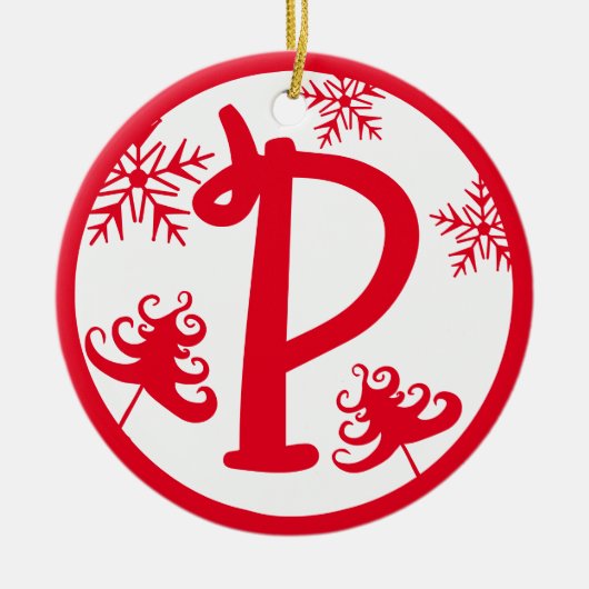 クリスマスモノグラム文字P赤白 セラミックオーナメント (正面)