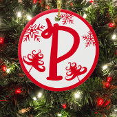 クリスマスモノグラム文字P赤白 セラミックオーナメント