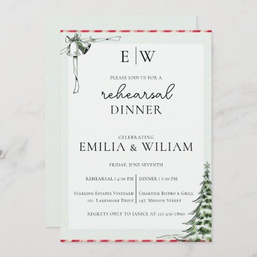 クリスマスモノグラム結婚のリハーサルのディナーカード シーズンカード (正面/裏面)