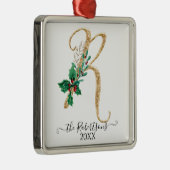 クリスマスモノグラムR金ゴールドグリッターホリーリーフ メタルオーナメント (右)