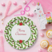 クリスマスモミの松かさと赤い実 名入れ可能 ペーパープレート (パーティー)