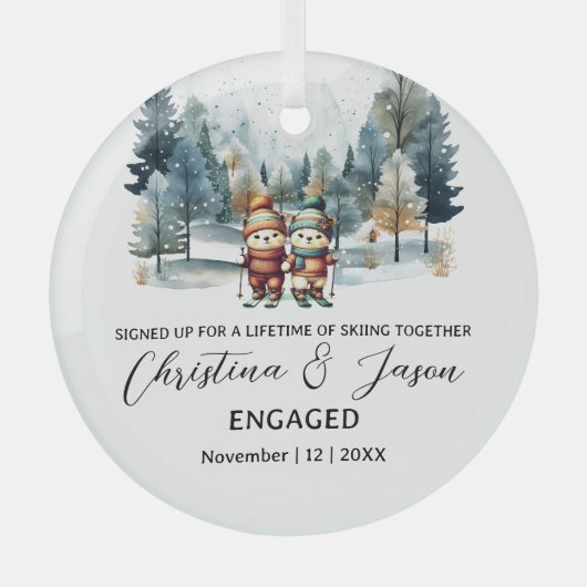 クリスマスモミニマリストフォレストスノーカップル婚約 ガラスオーナメント (正面)