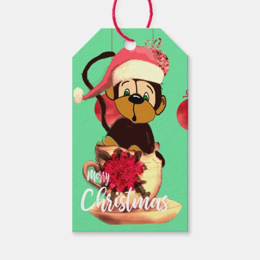 クリスマスモンキーかわいい緑の赤の名前 ギフトタグ (正面)