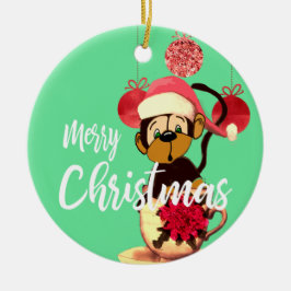 クリスマスモンキーグリーンレッドキュートセラミックオーナメント セラミックオーナメント