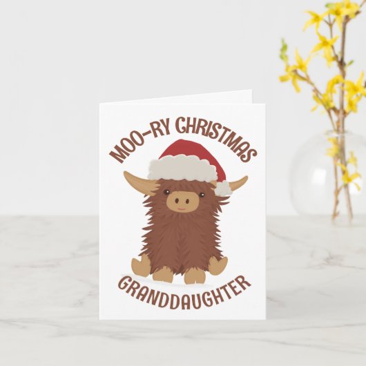 クリスマスモーのシャギーなハイランド牛の孫娘 カード (黄色い花)