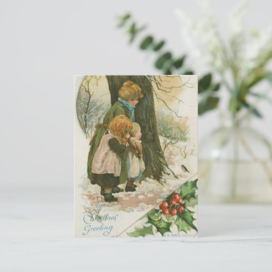 クリスマスモーニングのヴィンテージクリスマスファミリー シーズンポストカード (スタンド正面)