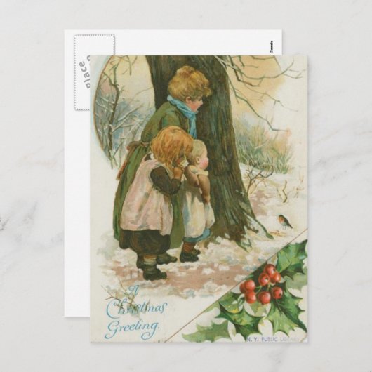クリスマスモーニングのヴィンテージクリスマスファミリー シーズンポストカード (正面/裏面)