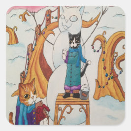 クリスマスモーニング猫角型ステッカー スクエアシール