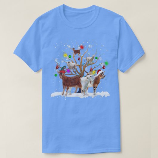クリスマスヤギの木の上におもしろいサンタヤギ恋人のギフト Tシャツ (デザイン正面)