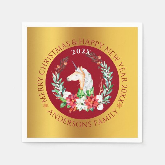 クリスマスユニコーンとポインセチアの構図 スタンダードカクテルナプキン (正面)