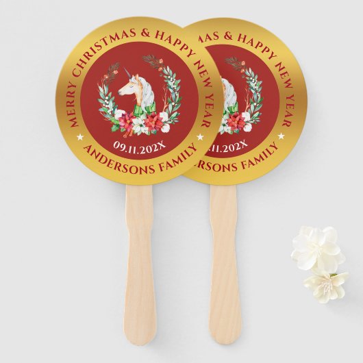 クリスマスユニコーンとポインセチアの構図 ハンドファン (正面&裏面)